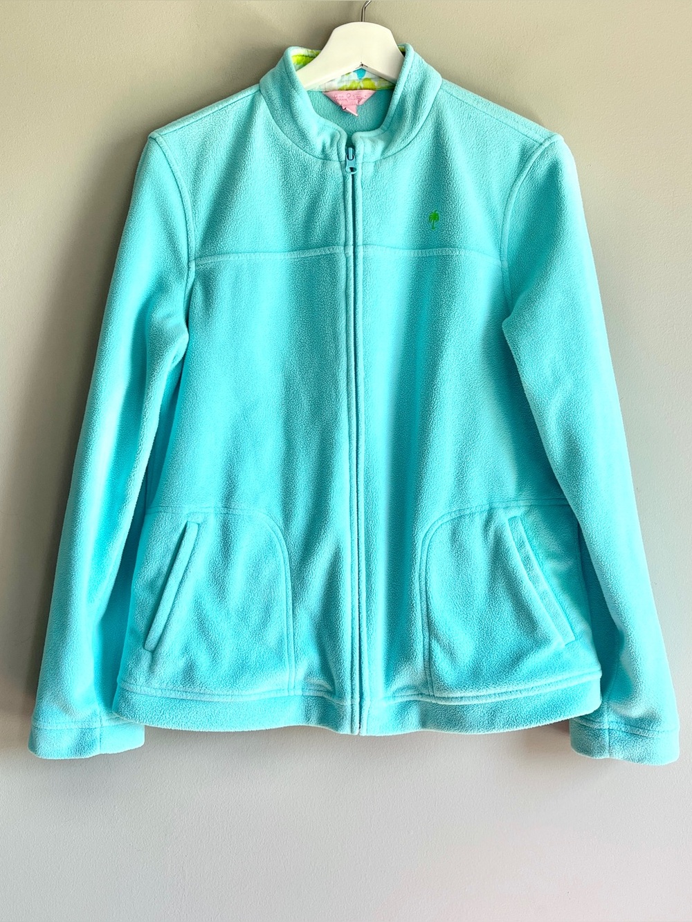 Lilly Pulitzer fleece jacket womens large full zip teal mock neck collar pockets